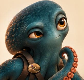 Close-up of Oki, the octopus mascot, looking up with a curious smile