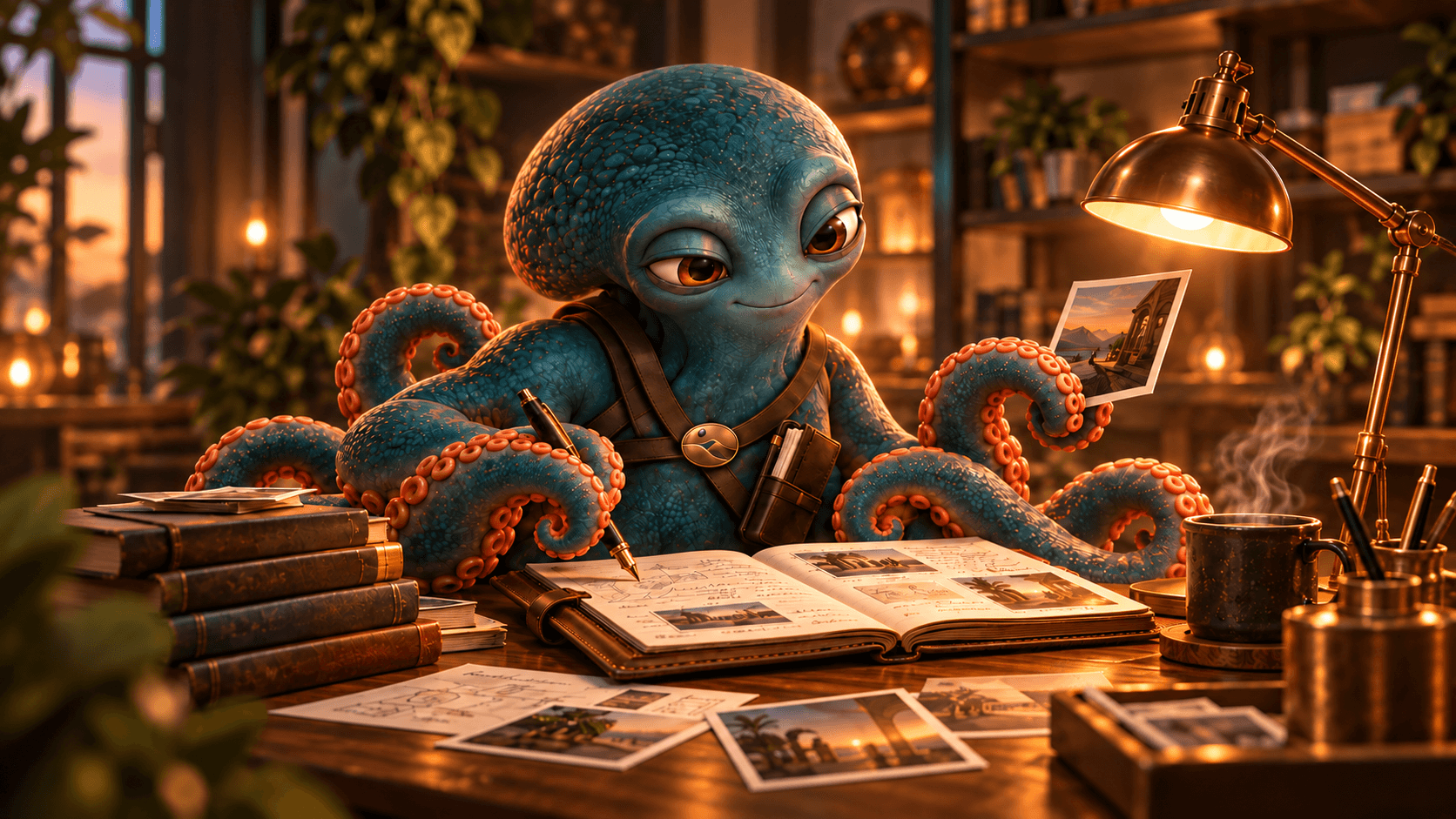 Oki, the octopus, writing field notes in a leather journal under a brass desk lamp