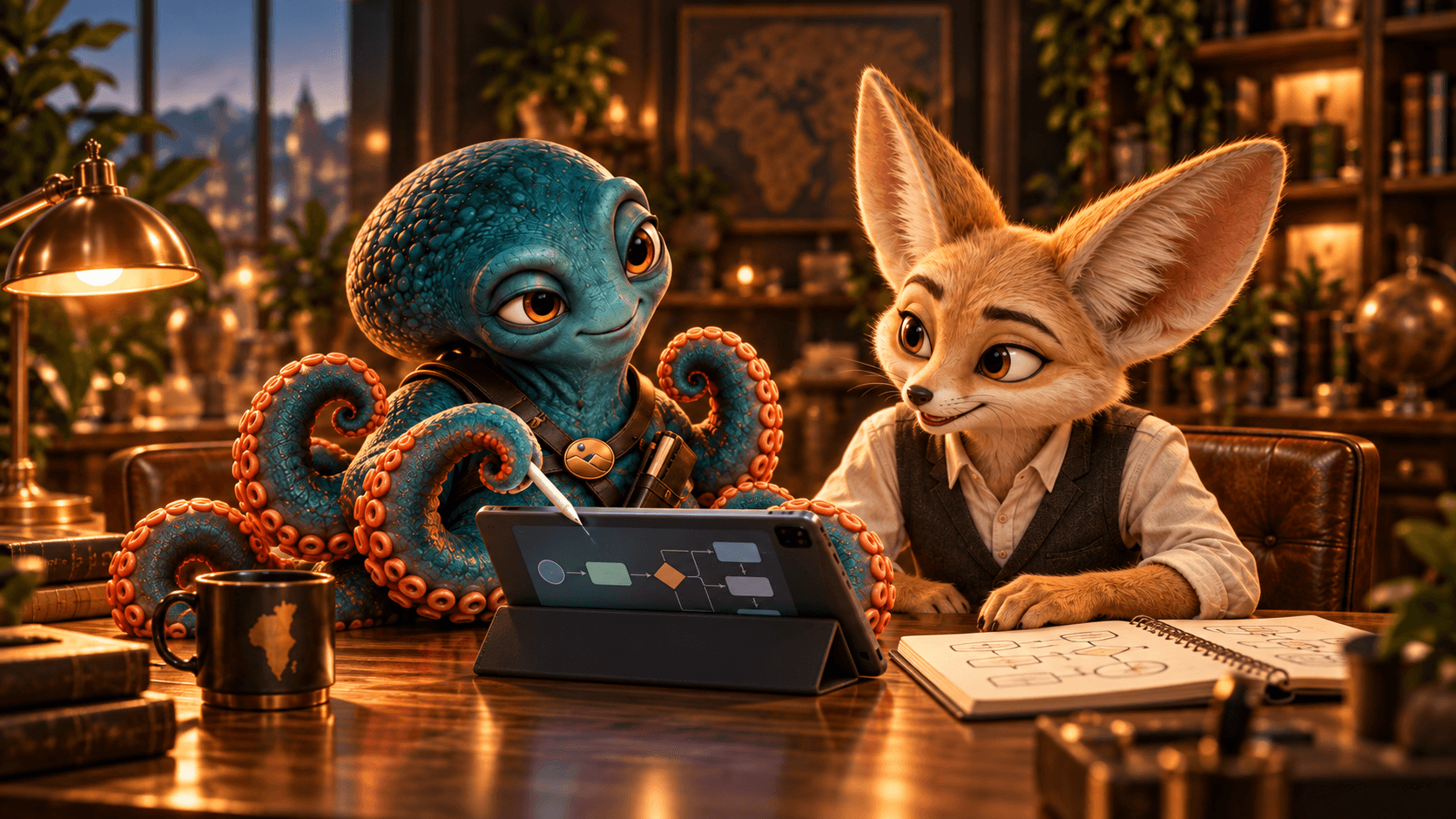 Oki the teal octopus and a fennec fox sitting at a wooden desk in a warm study, talking over a tablet and a notebook