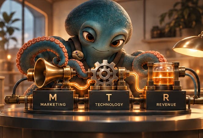 Oki leaning over a brass machine with three linked modules labelled Marketing, Technology and Revenue