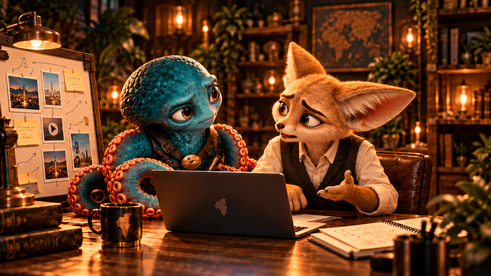 Oki the teal octopus listening closely to a worried fennec fox at a laptop, in a warmly lit study with a whiteboard of campaign photos