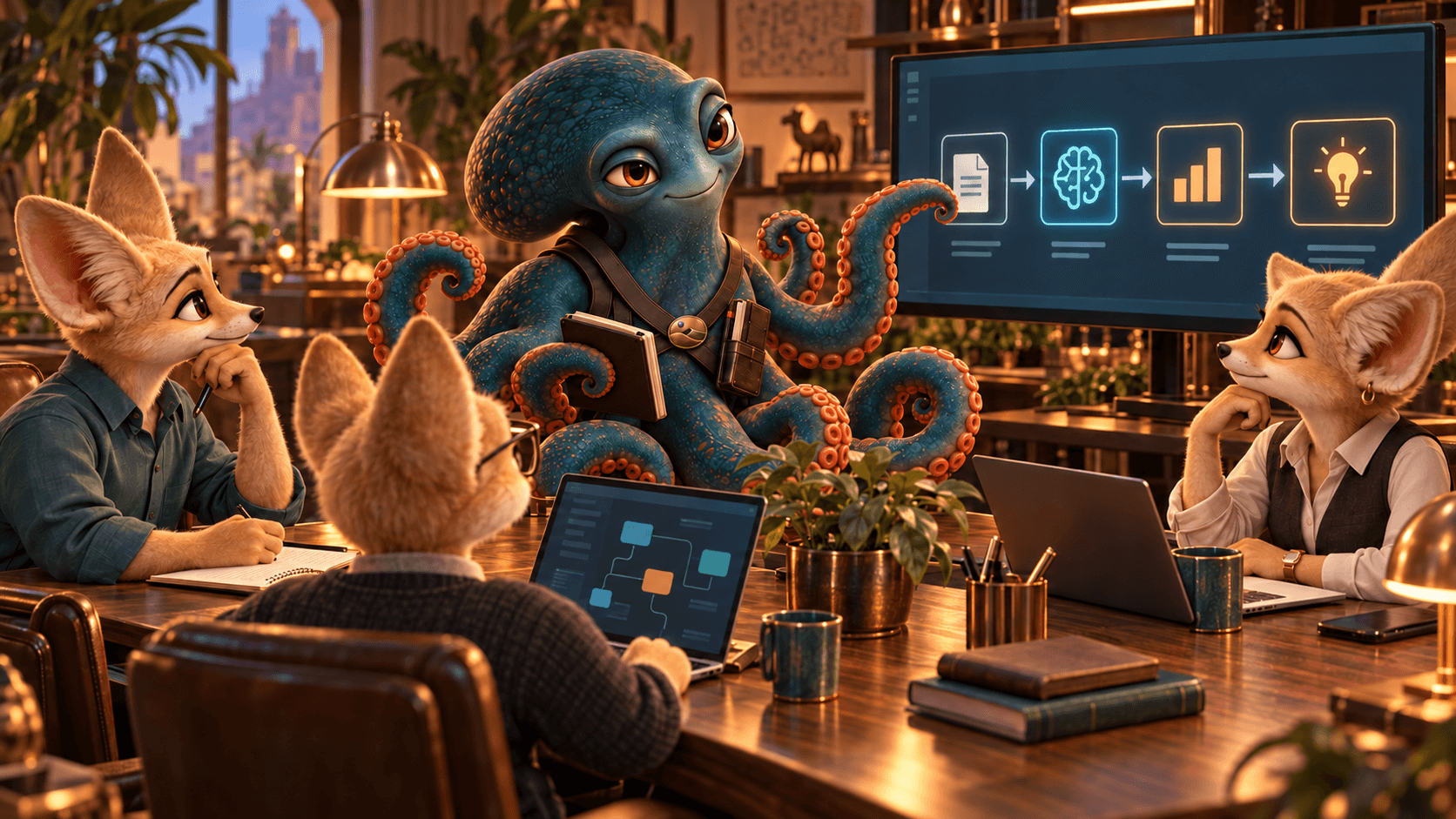 Oki, the teal octopus, presenting a workflow on screen to three attentive fennec foxes around a wooden table.